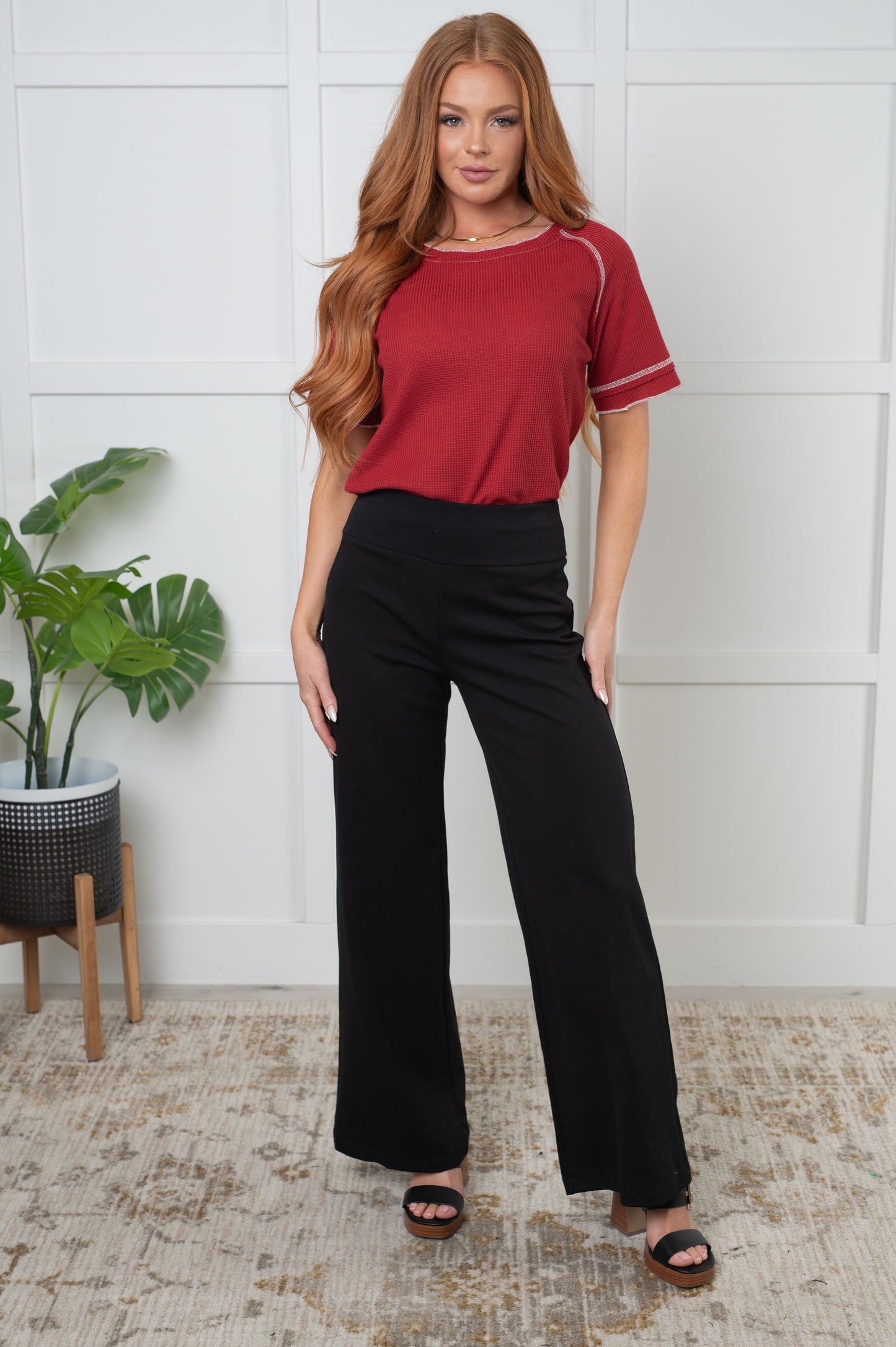 Heartbreaker Waffle Knit Tee in Cranberry - Simply Polished Boutique