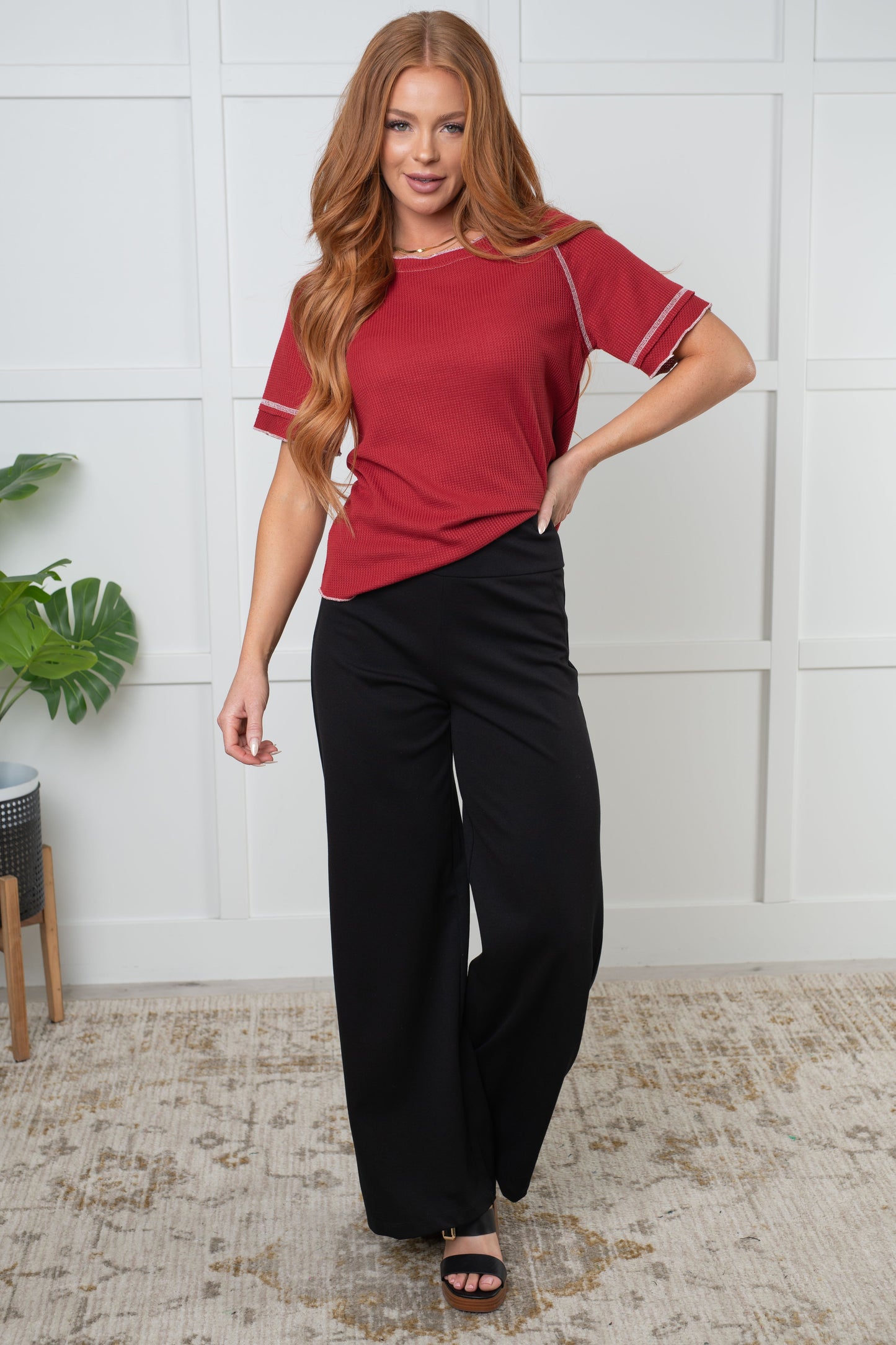 Heartbreaker Waffle Knit Tee in Cranberry - Simply Polished Boutique
