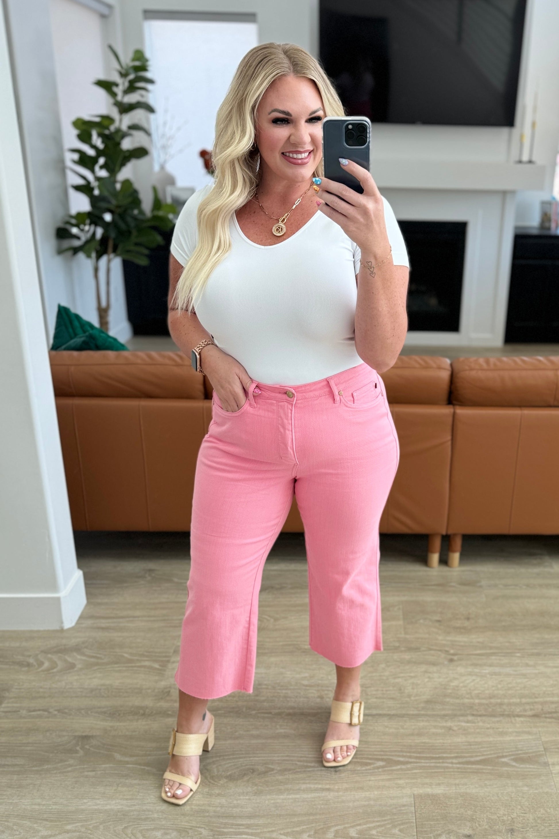 Lisa High Rise Control Top Wide Leg Crop Jeans in Pink - Simply Polished Boutique