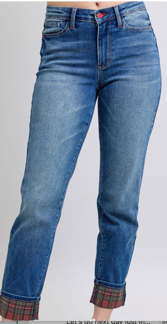 Judy Blue Plaid Cuff Boyfriend Jeans - Simply Polished Boutique