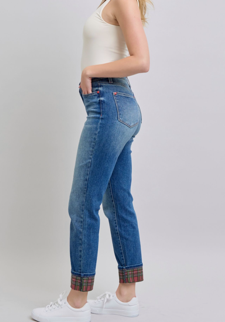 Judy Blue Plaid Cuff Boyfriend Jeans - Simply Polished Boutique