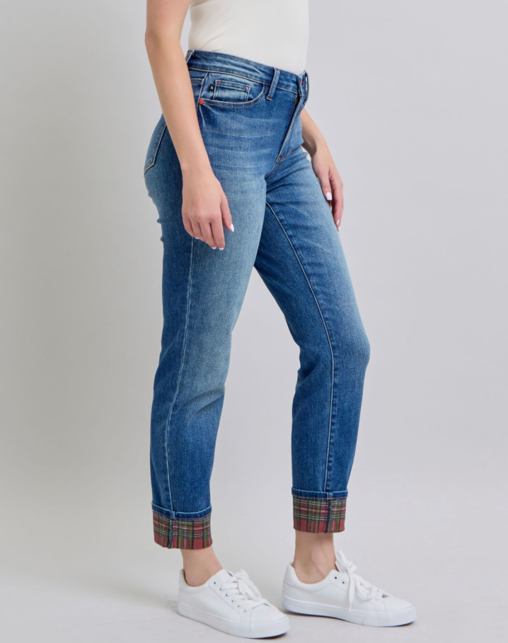 Judy Blue Plaid Cuff Boyfriend Jeans - Simply Polished Boutique