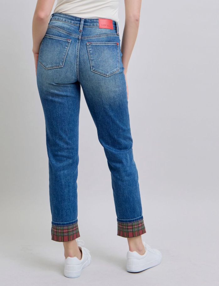 Judy Blue Plaid Cuff Boyfriend Jeans - Simply Polished Boutique