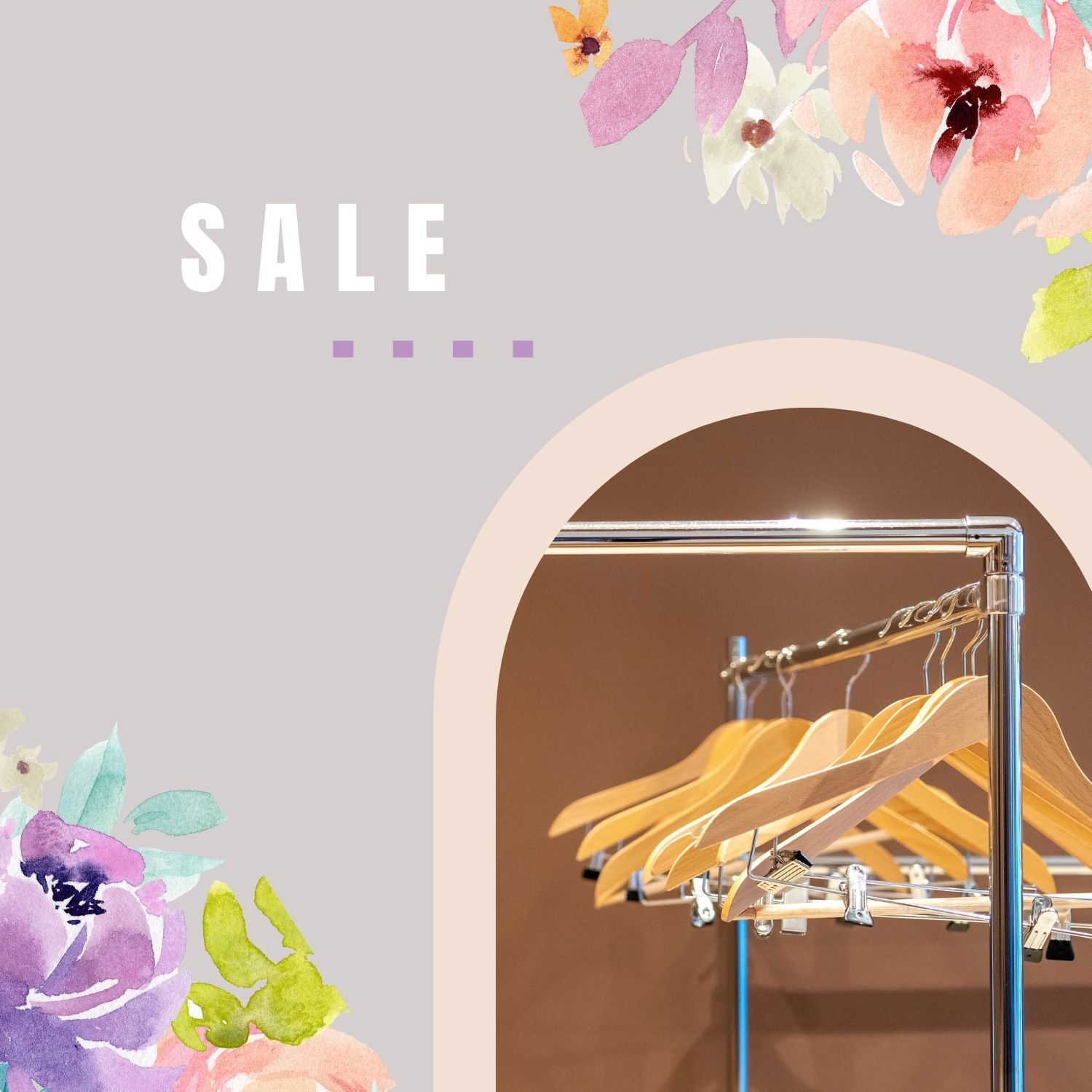 rack with neatual color clothing and flowers on boarder with the word sale