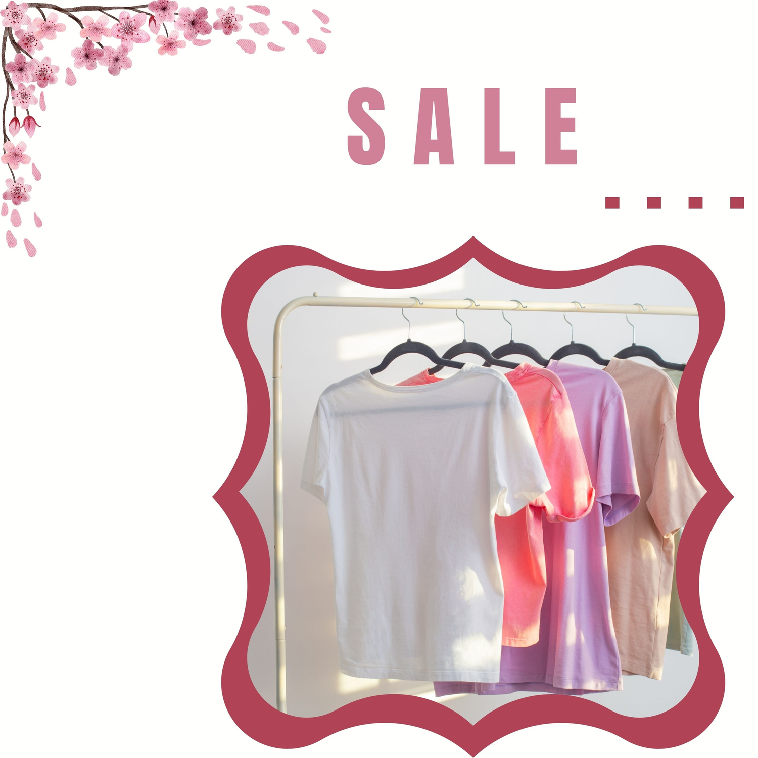 rack with neatual color clothing and flowers on boarder with the word sale