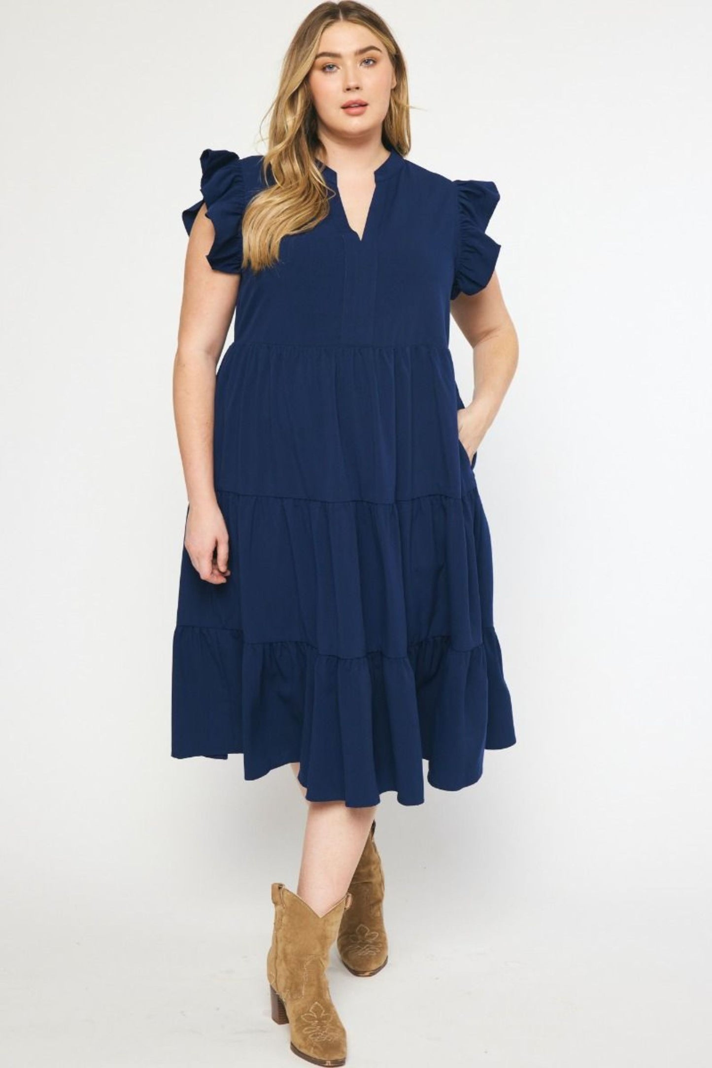 Navy Ruffle Midi Dress - Simply Polished Boutique