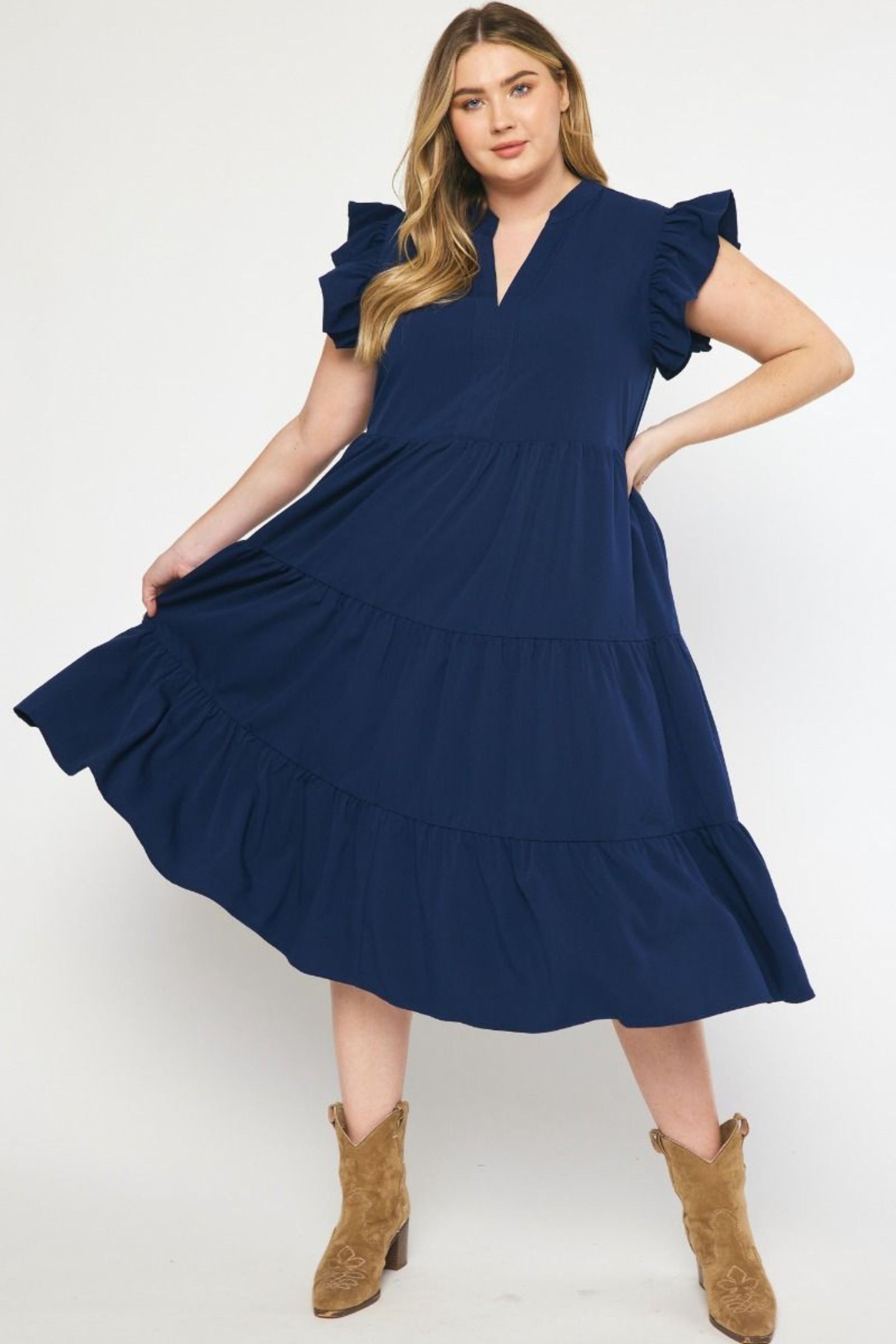 Navy Ruffle Midi Dress - Simply Polished Boutique