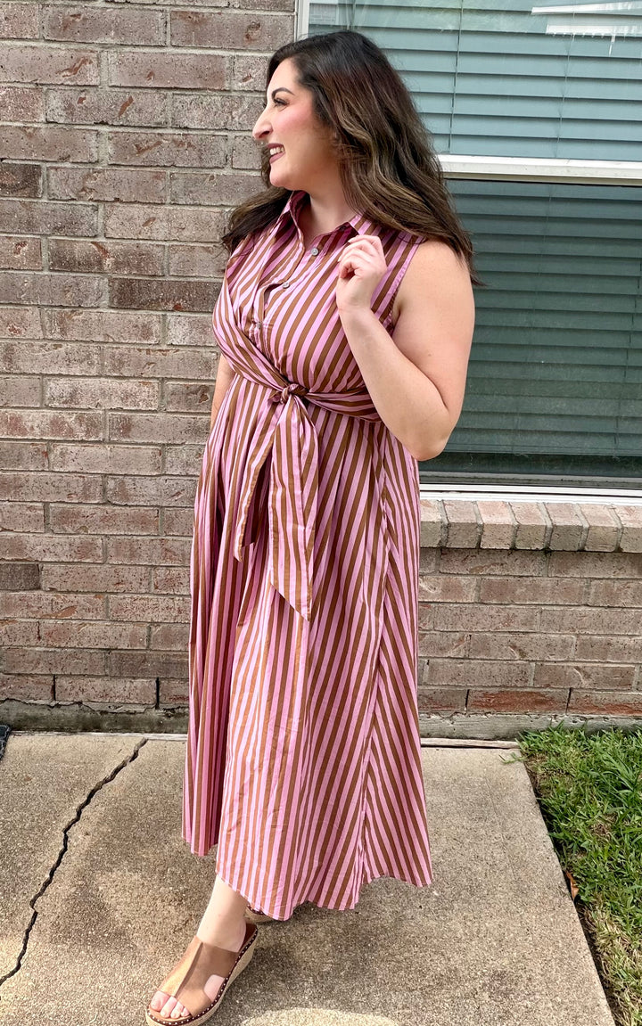 Camel Pink Stripe Midi Dress