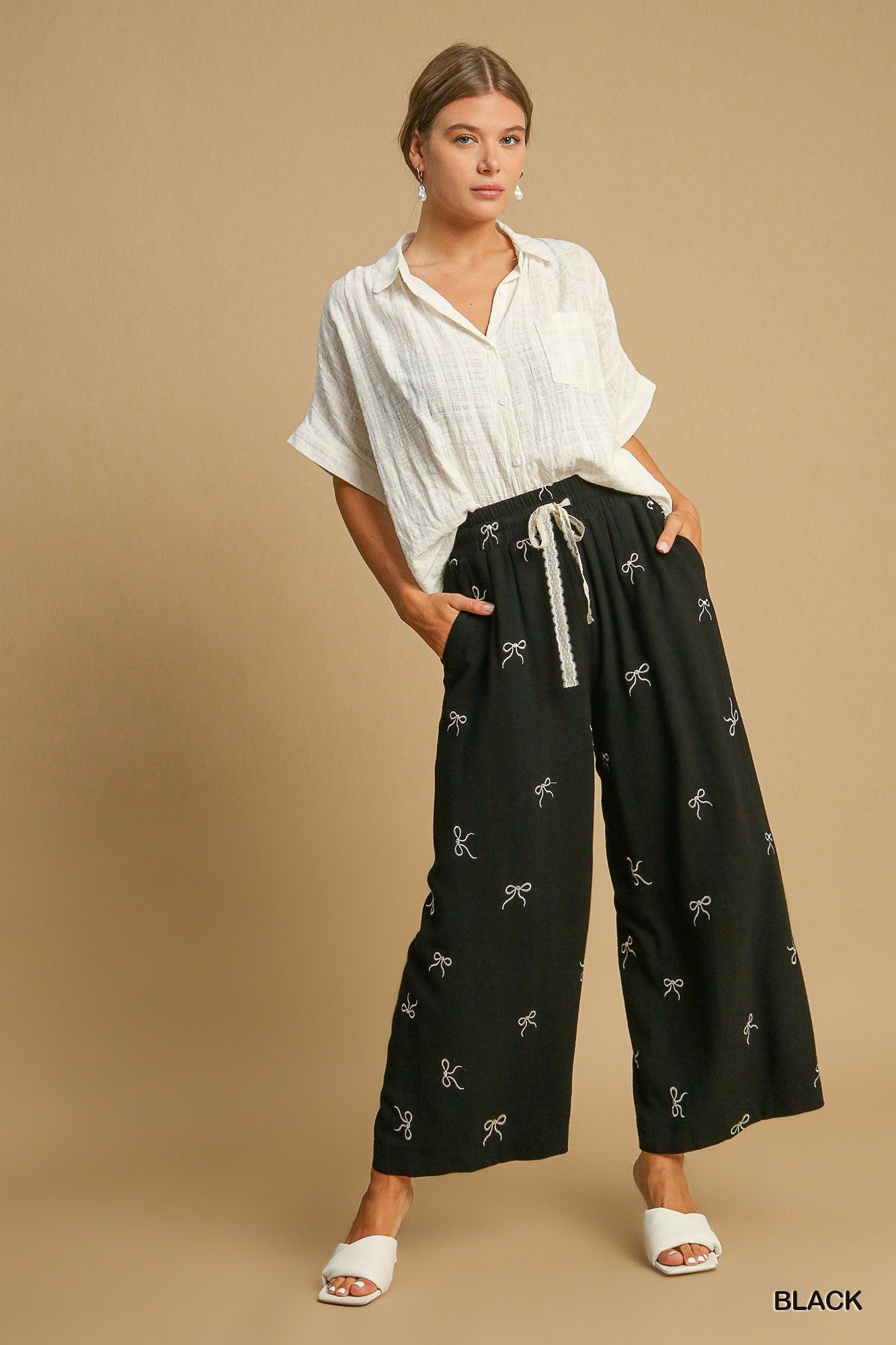 Bow Embroidered Linen Pants - Simply Polished Boutique