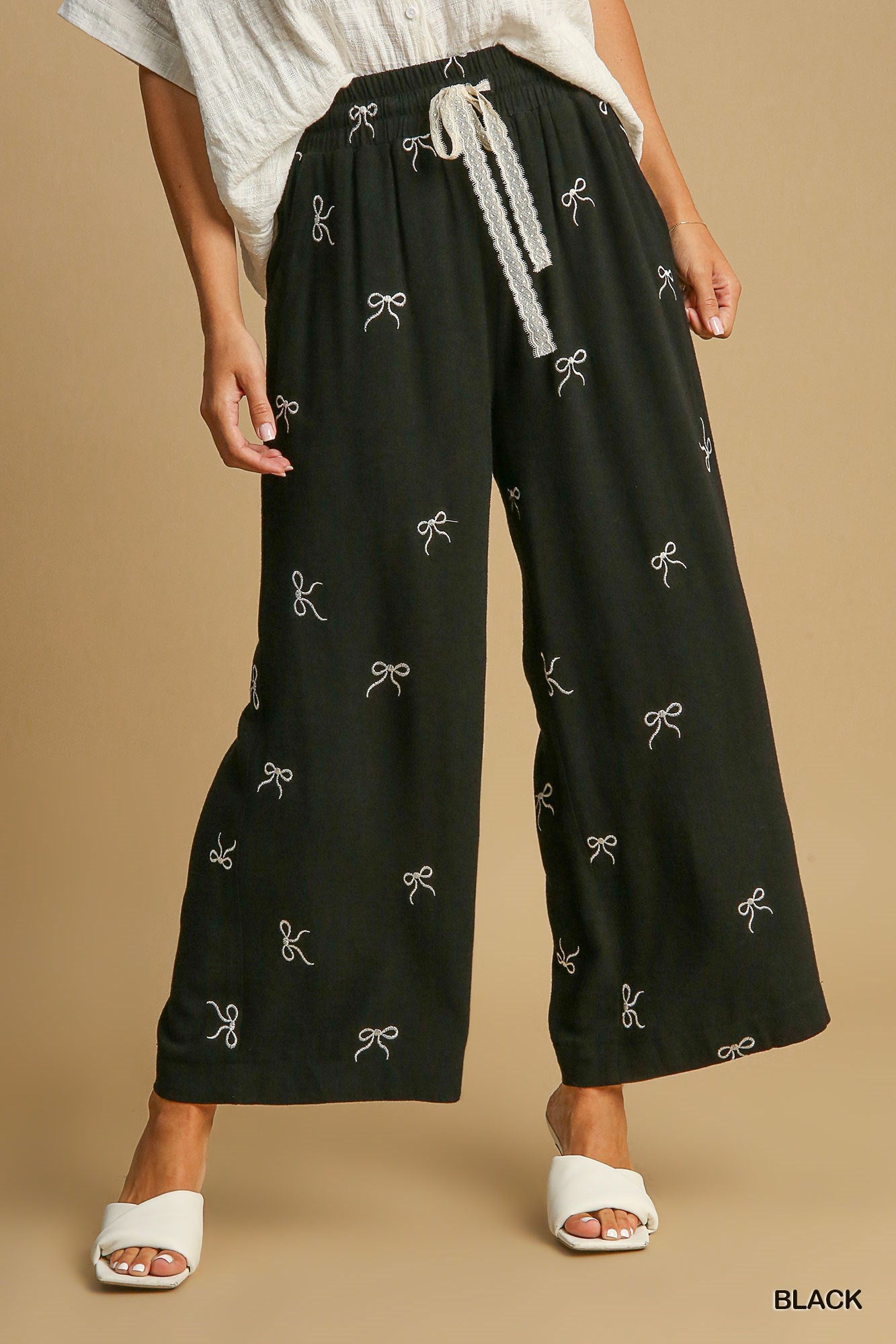 Bow Embroidered Linen Pants - Simply Polished Boutique