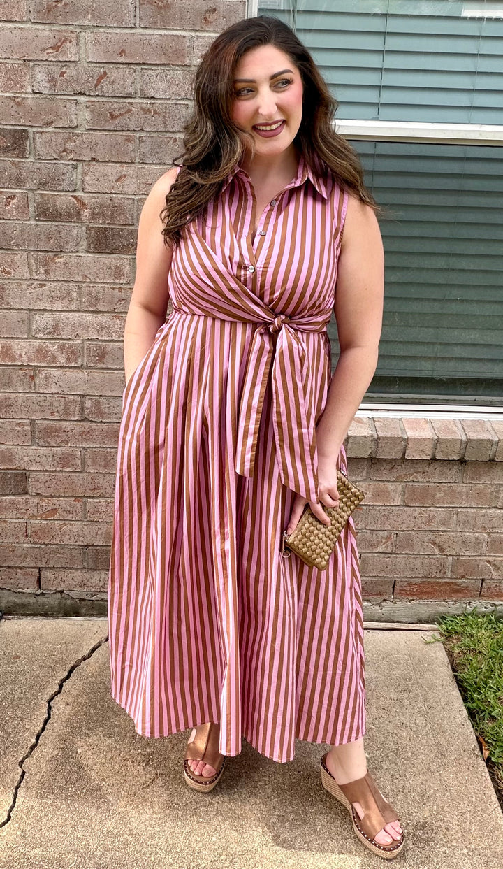 Camel Pink Stripe Midi Dress