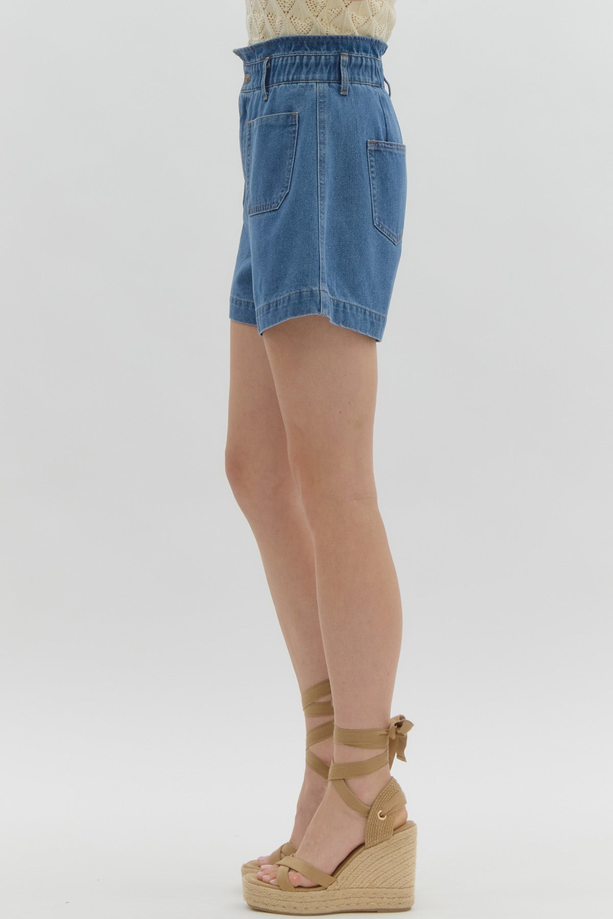 Ruffle Edge High-Waist Denim Shorts