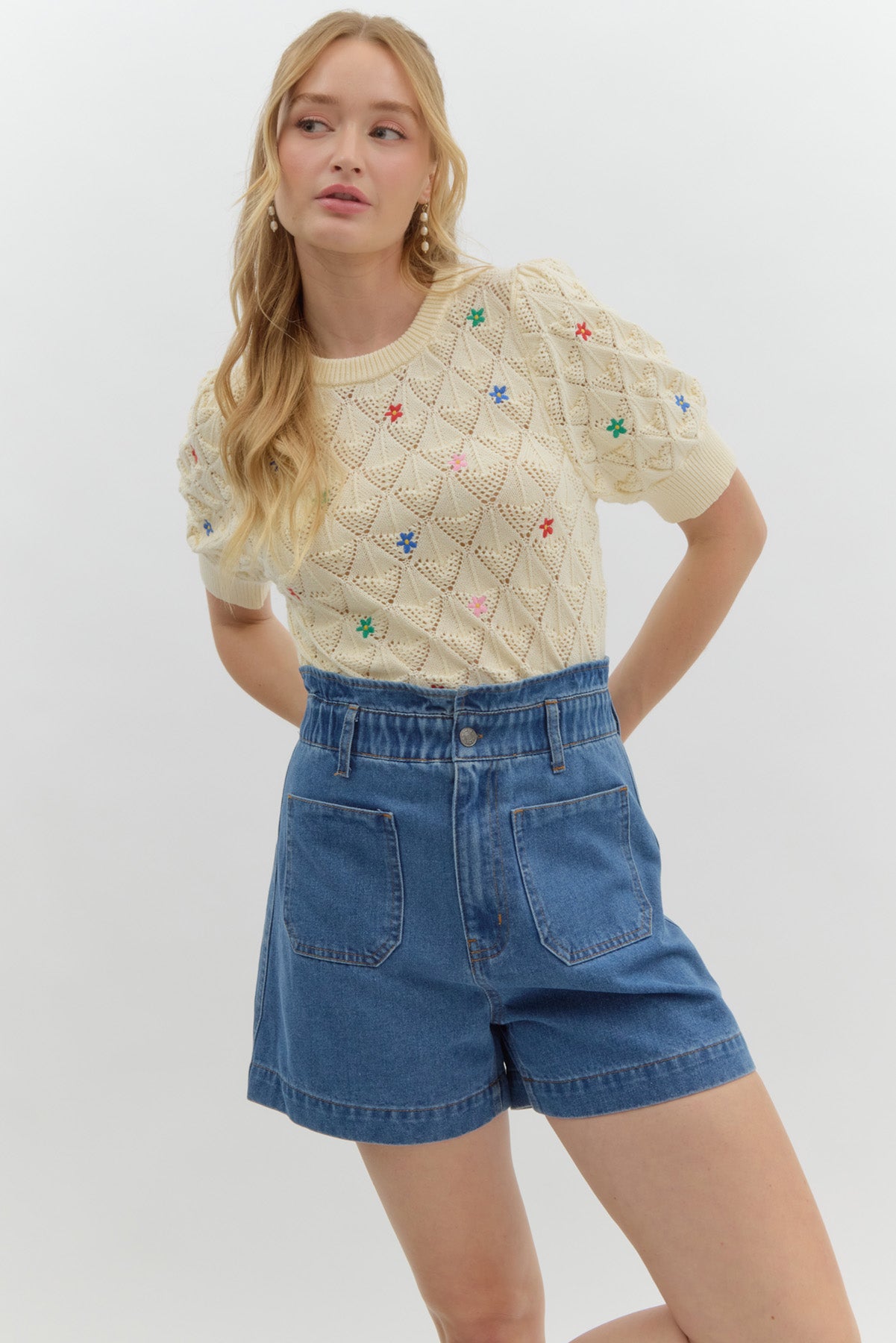 Ruffle Edge High-Waist Denim Shorts