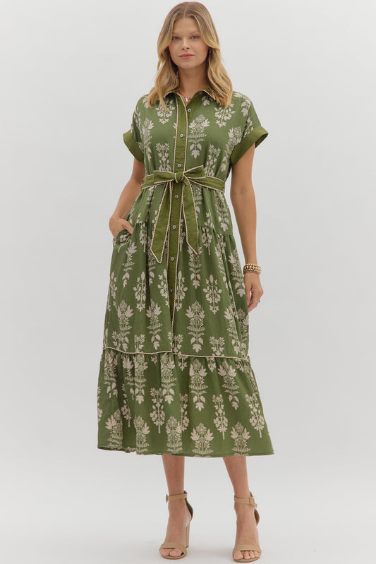 Botanical Bliss Midi Dress with Striped Accents - Simply Polished Boutique