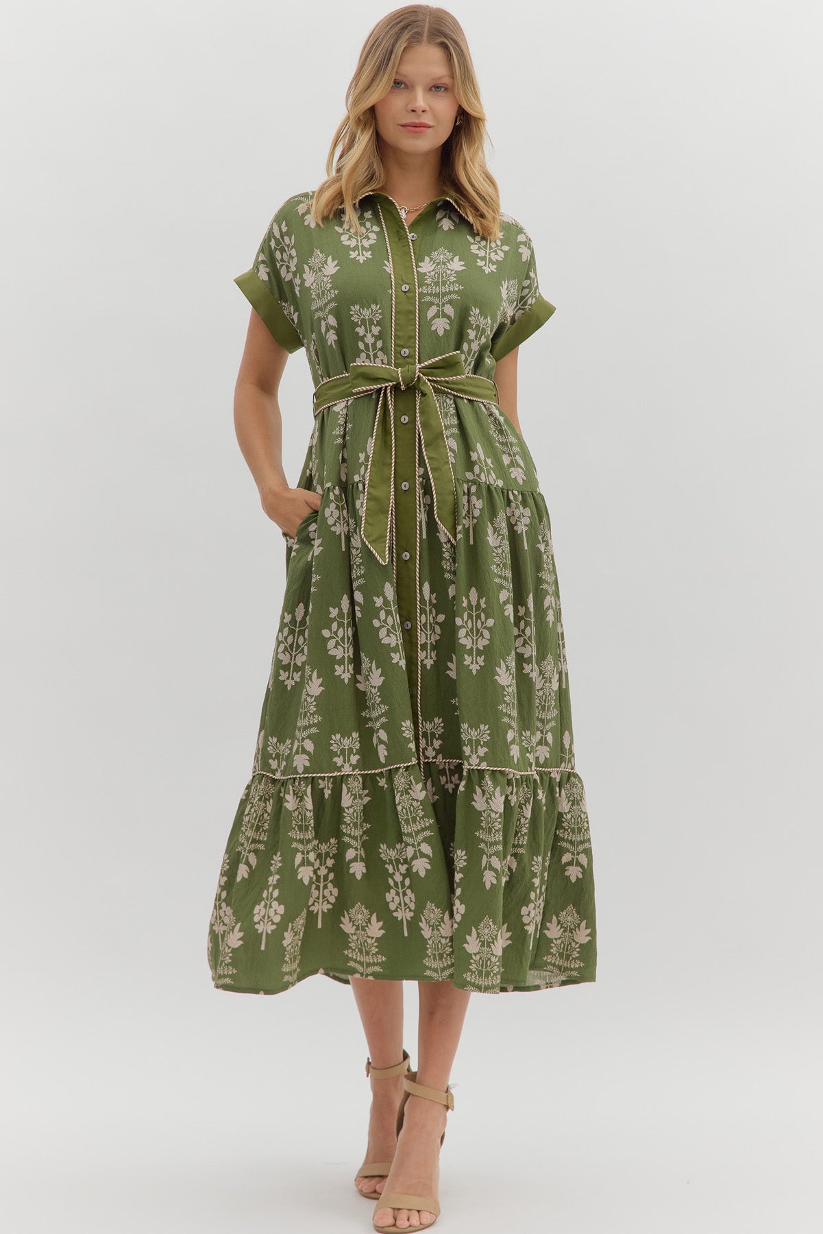 Botanical Bliss Midi Dress with Striped Accents - Simply Polished Boutique