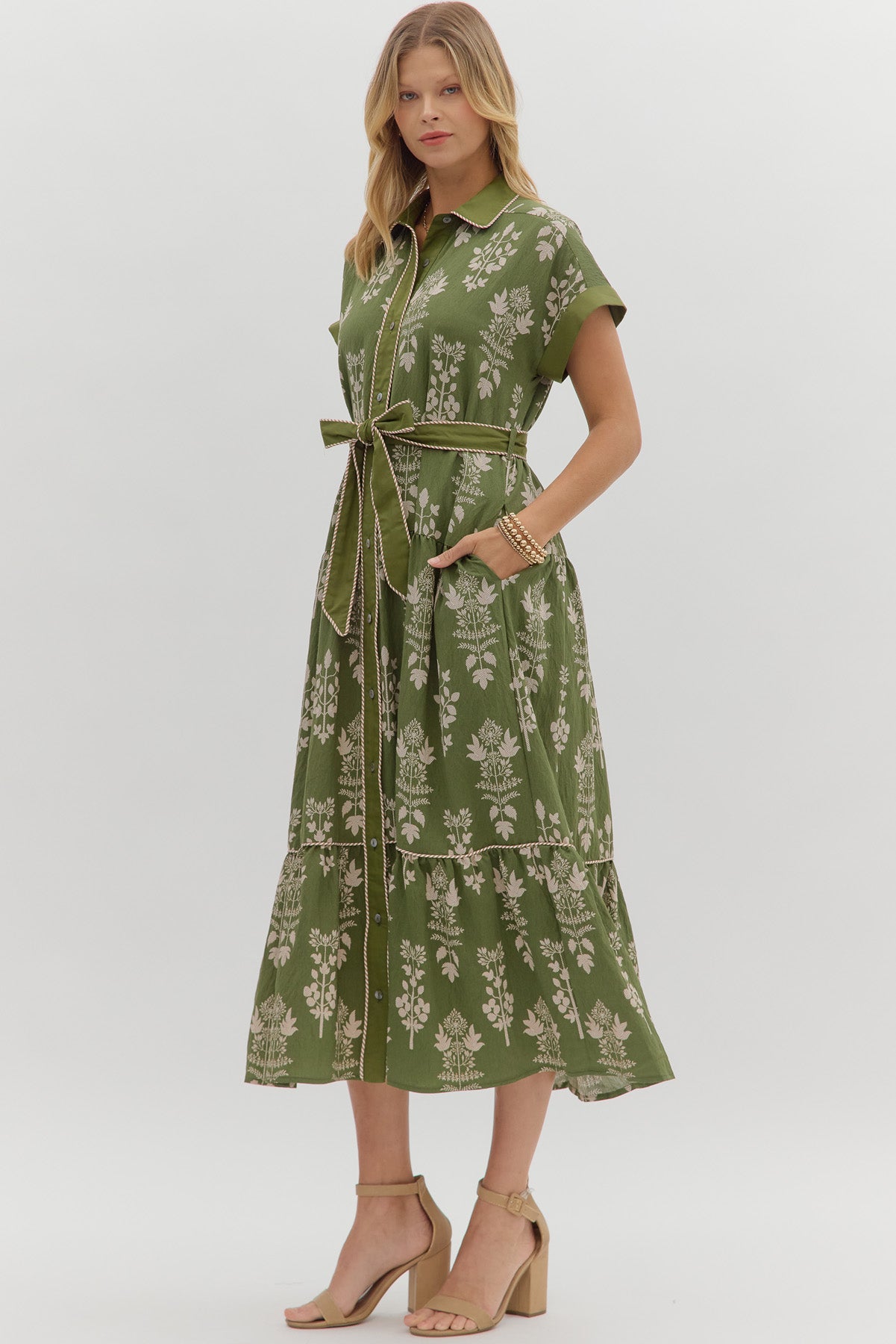 Botanical Bliss Midi Dress with Striped Accents - Simply Polished Boutique