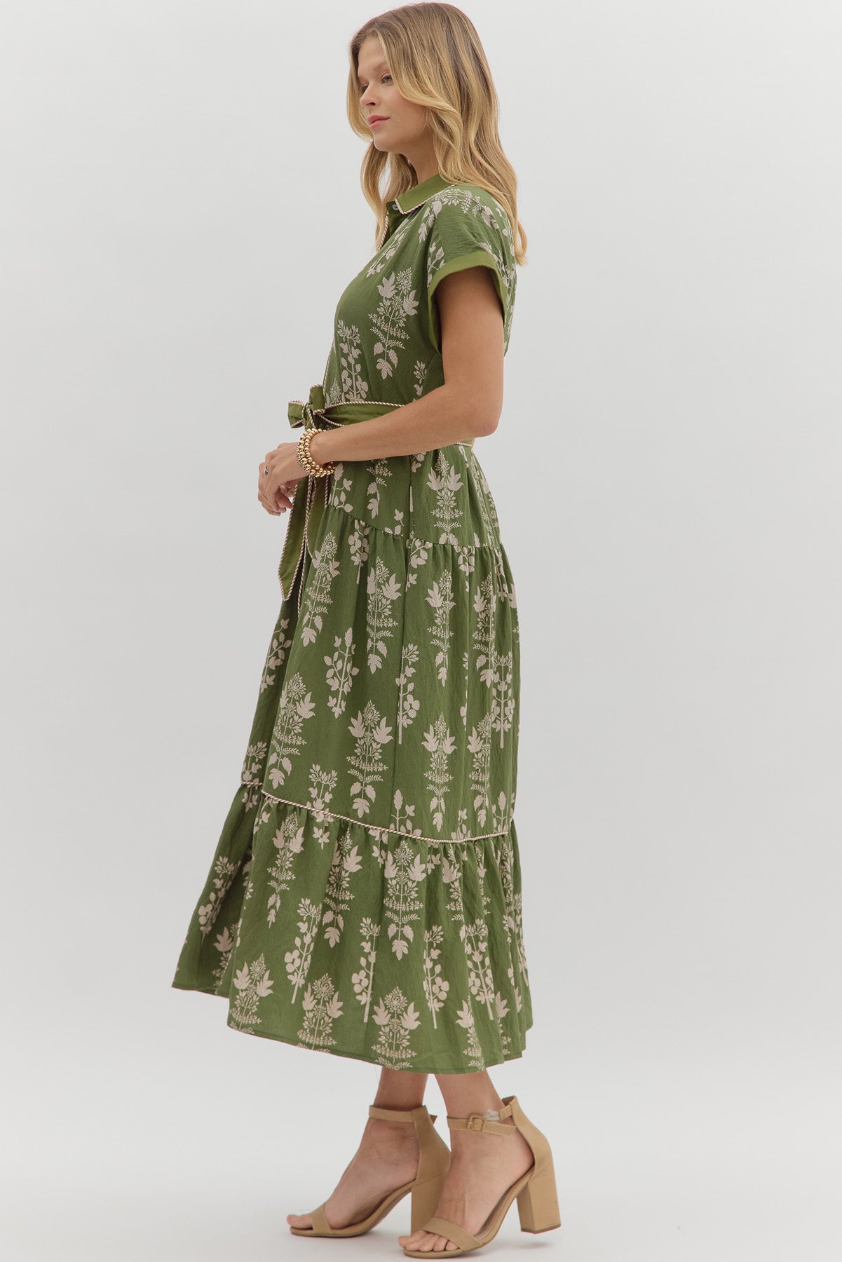 Botanical Bliss Midi Dress with Striped Accents - Simply Polished Boutique