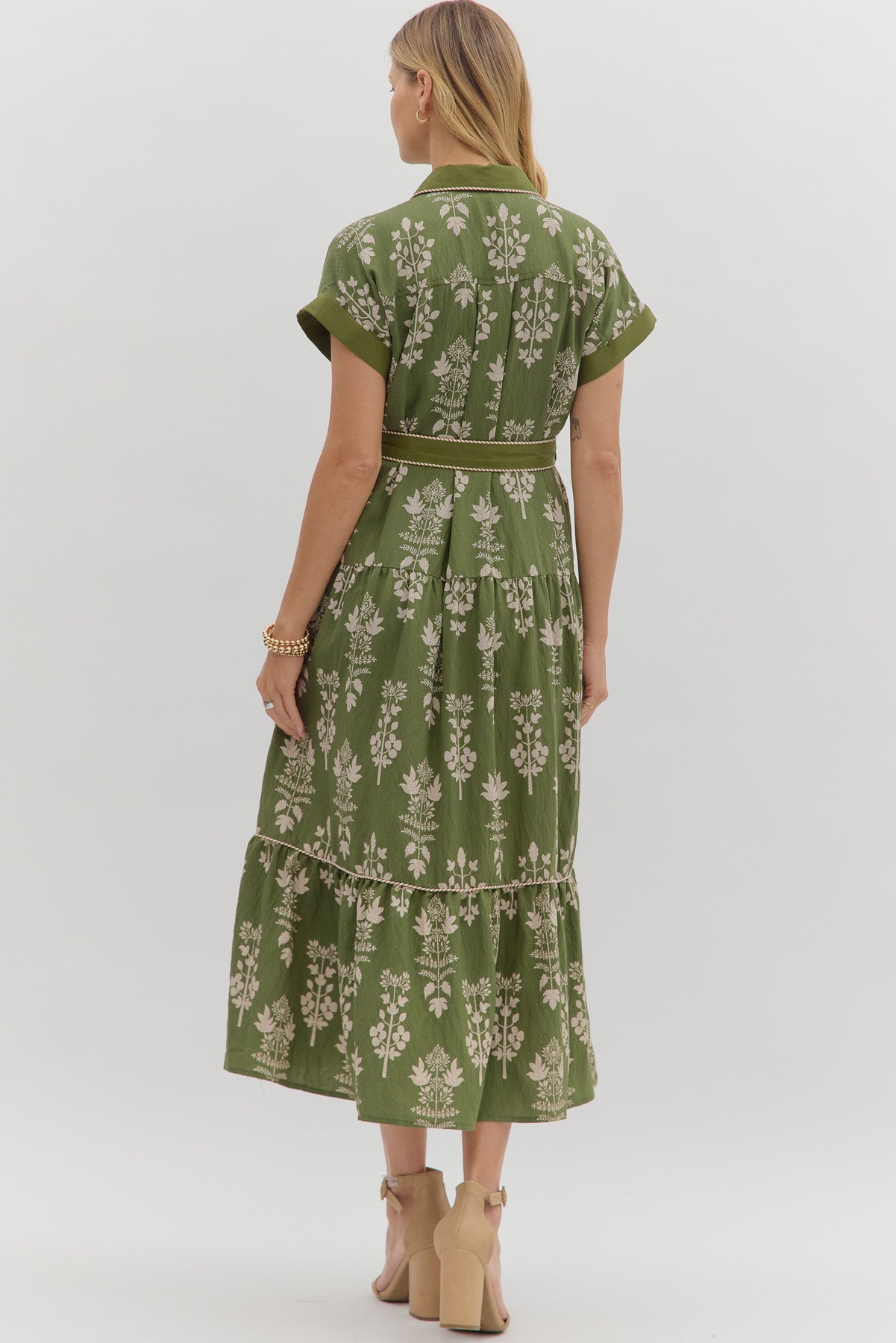 Botanical Bliss Midi Dress with Striped Accents - Simply Polished Boutique