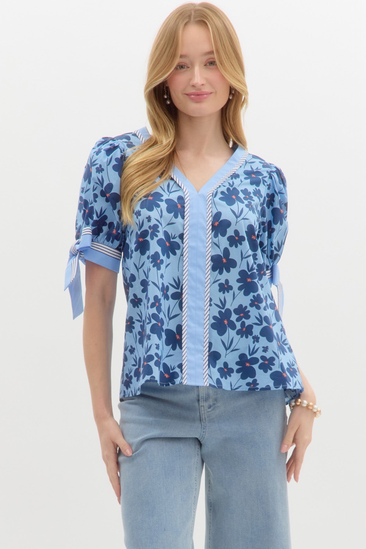 Blossom Bow V-Neck Puff Sleeve Top