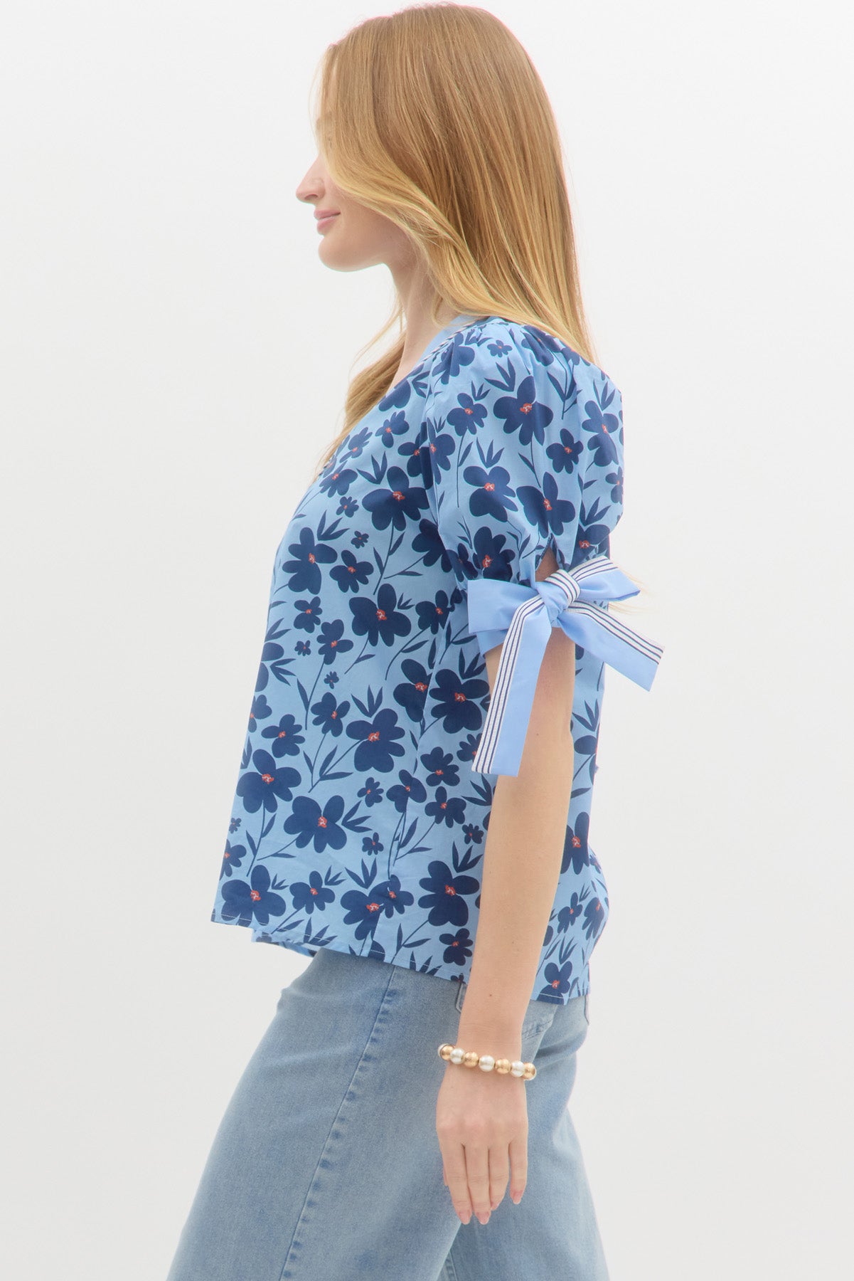 Blossom Bow V-Neck Puff Sleeve Top