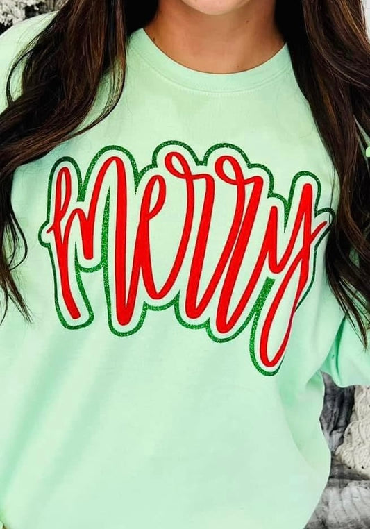 Merry Two Tone Puff Glitter Tee - Simply Polished Boutique
