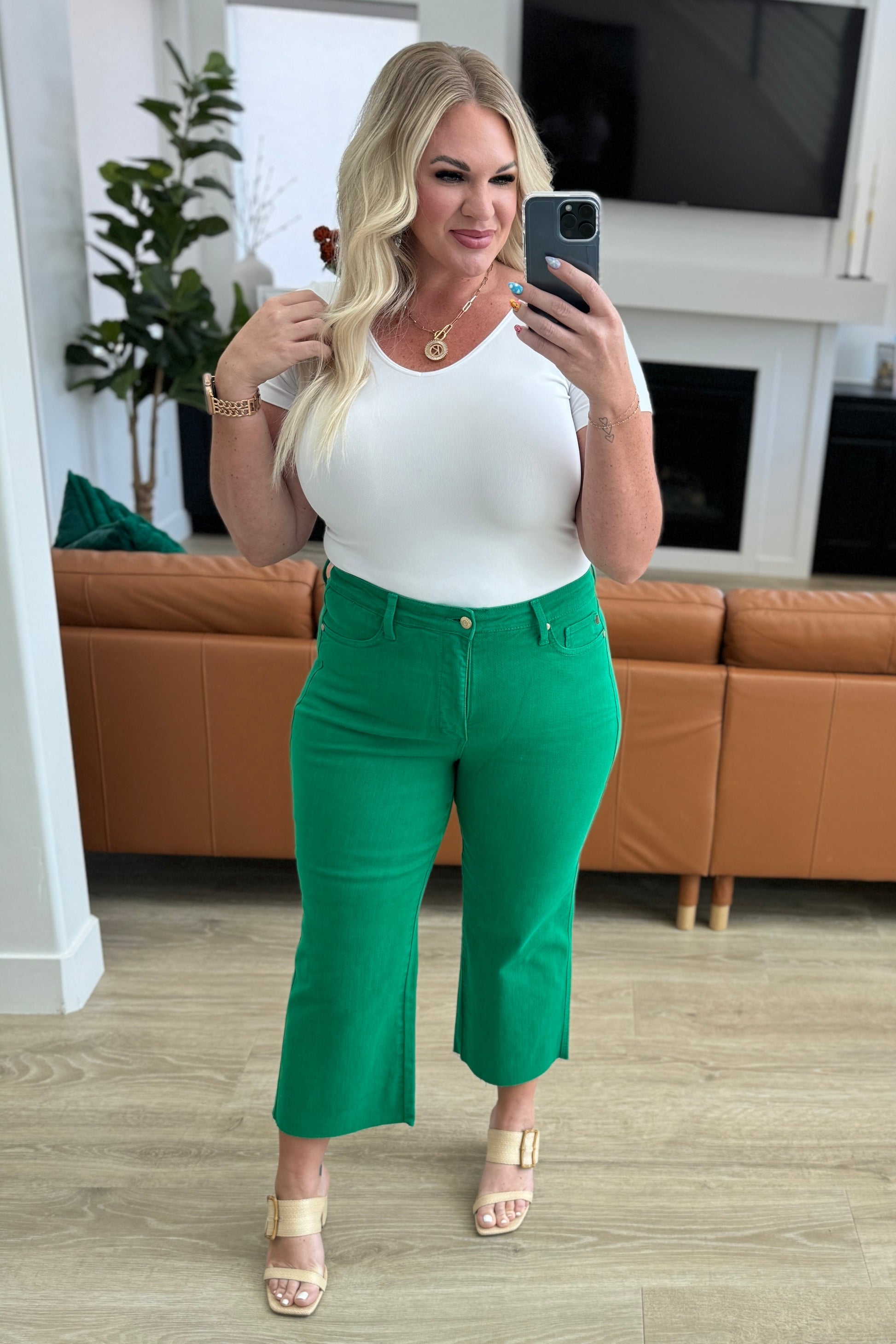 Lisa High Rise Control Top Wide Leg Crop Jeans in Kelly Green - Simply Polished Boutique