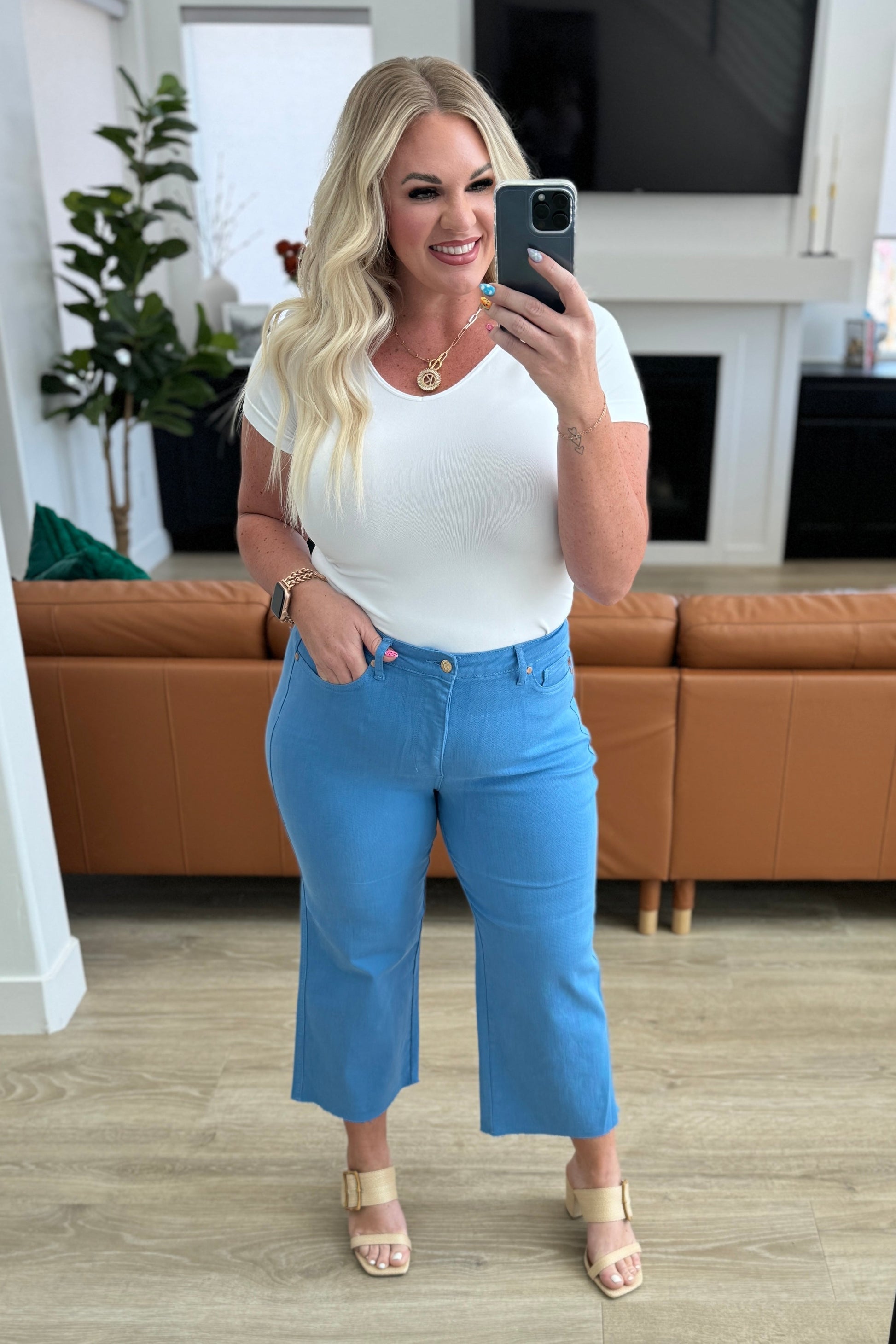 Lisa High Rise Control Top Wide Leg Crop Jeans in Sky Blue - Simply Polished Boutique