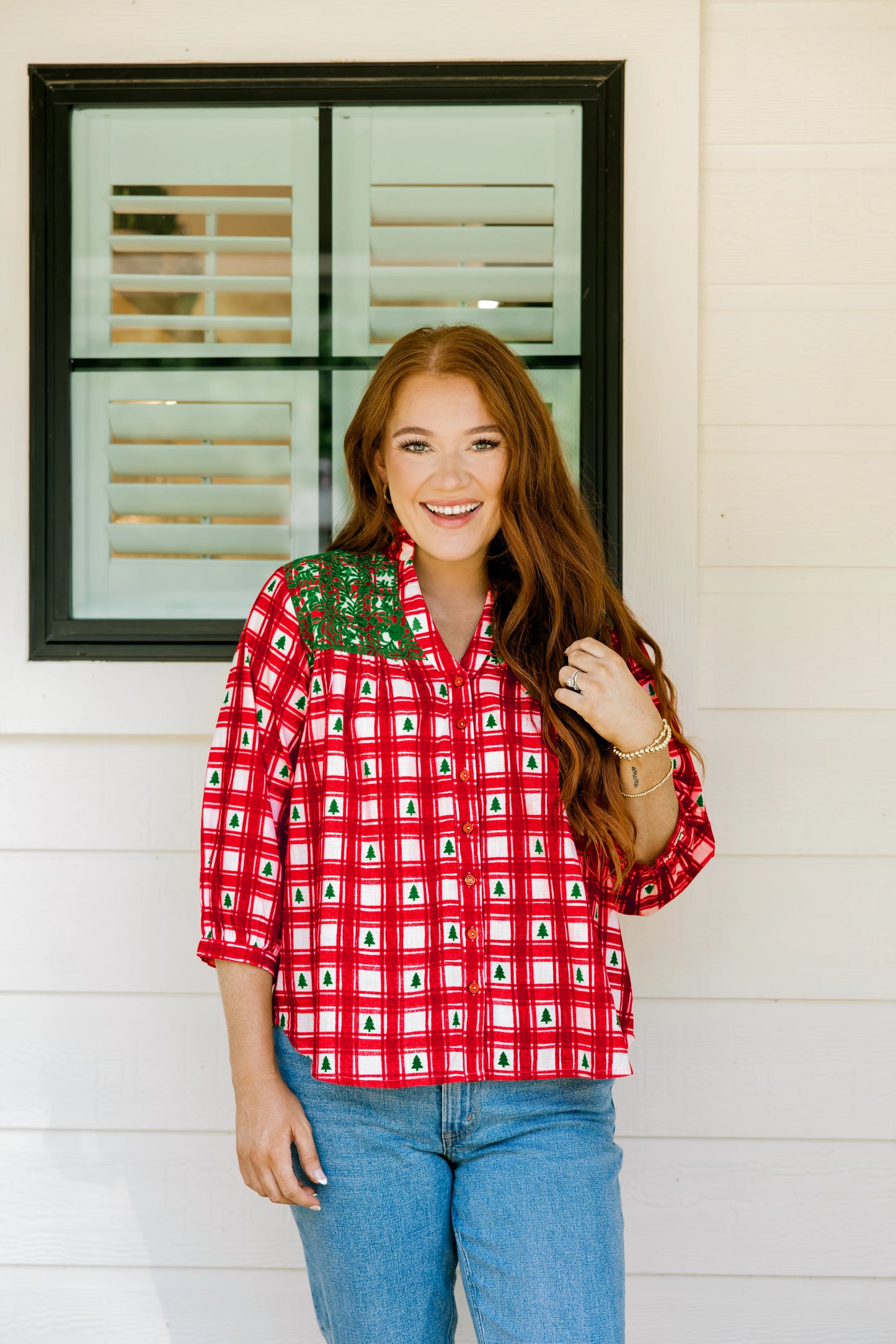 Holly Pines Embroidered Plaid Top