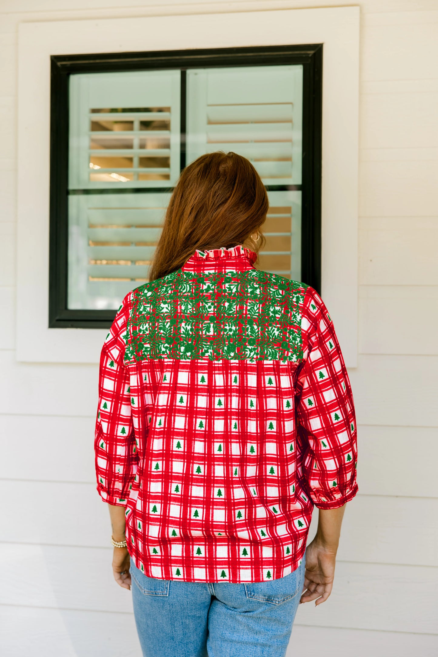 Holly Pines Embroidered Plaid Top