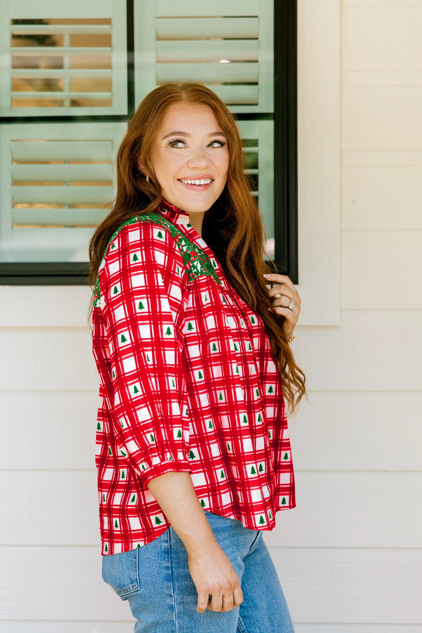 Holly Pines Embroidered Plaid Top