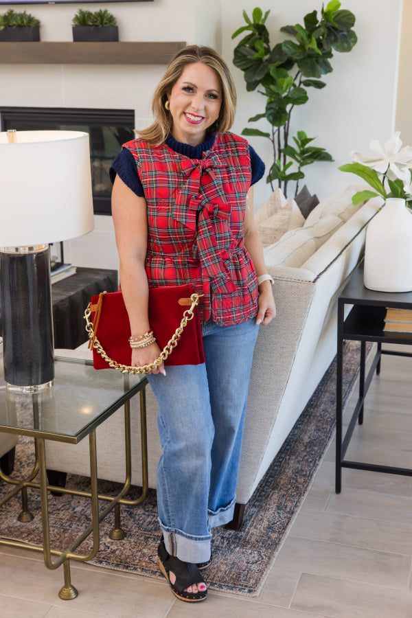Bow &amp; Quilted Plaid Peplum Jacket - Simply Polished Boutique