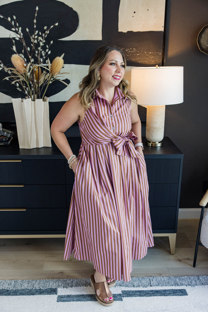 Camel Pink Stripe Midi Dress