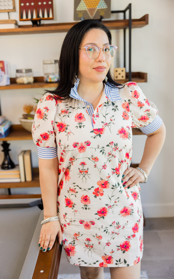 Bloom & Stripe Ruffle Neck Dress