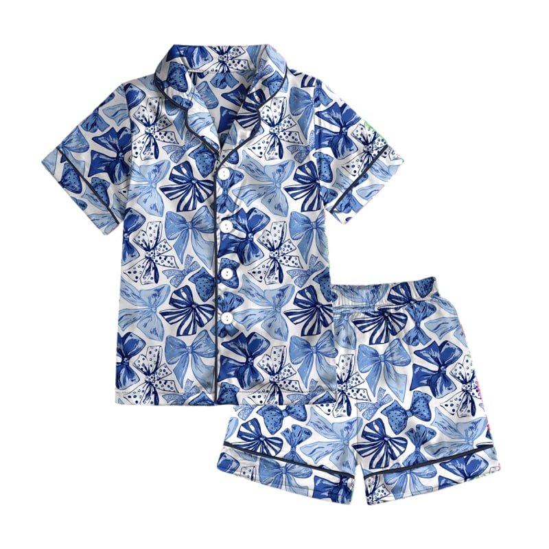 Blue Bow Bliss Pajama Shorts Set - Southern Couture - Simply Polished Boutique