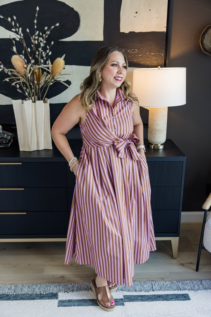 Camel Pink Stripe Midi Dress - Simply Polished Boutique
