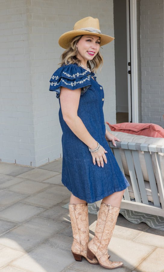 Caylee Denim Embroidered Dress - Simply Polished Boutique