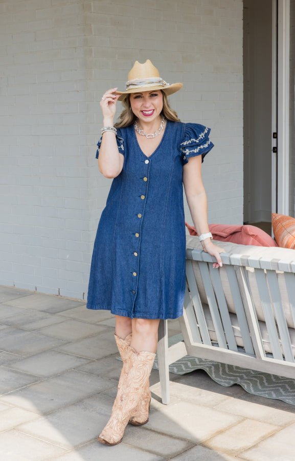 Caylee Denim Embroidered Dress - Simply Polished Boutique