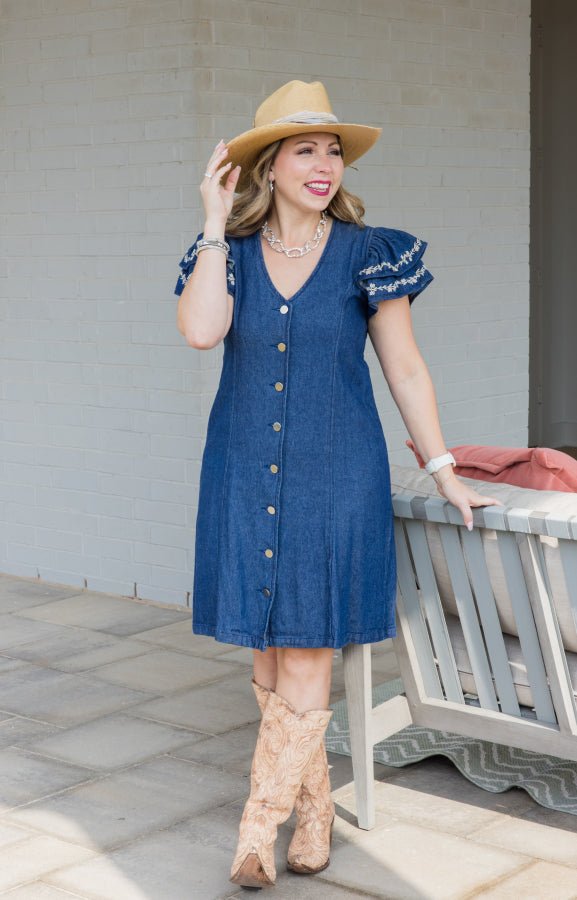Caylee Denim Embroidered Dress - Simply Polished Boutique