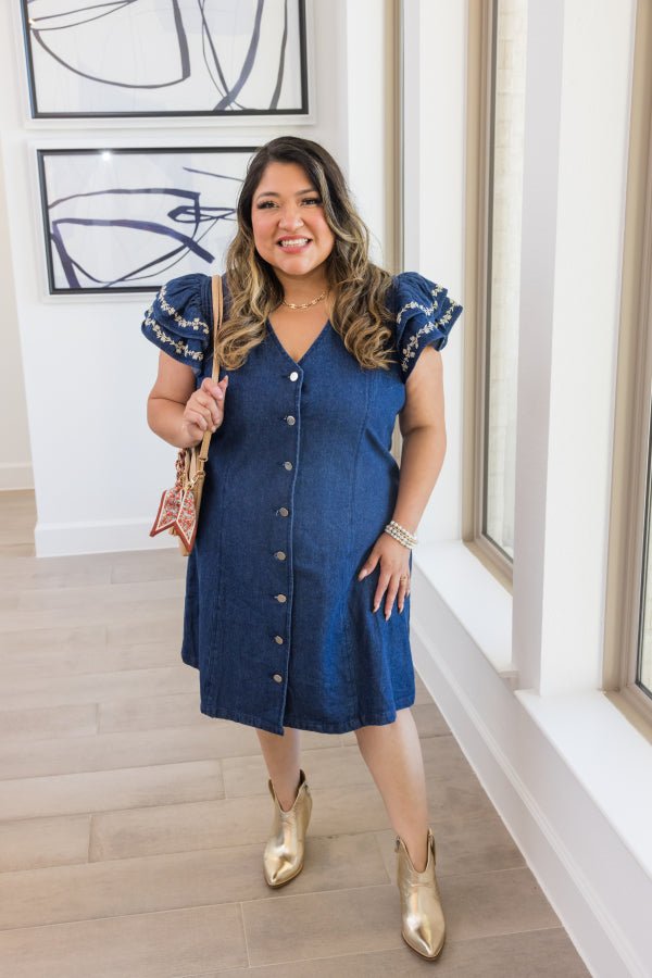 Caylee Denim Embroidered Dress - Simply Polished Boutique
