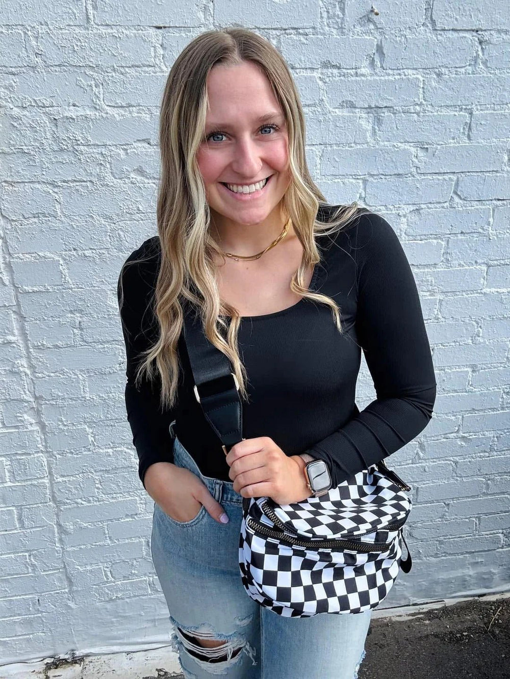 Checkered Double Zip Nylon Bag - Simply Polished Boutique