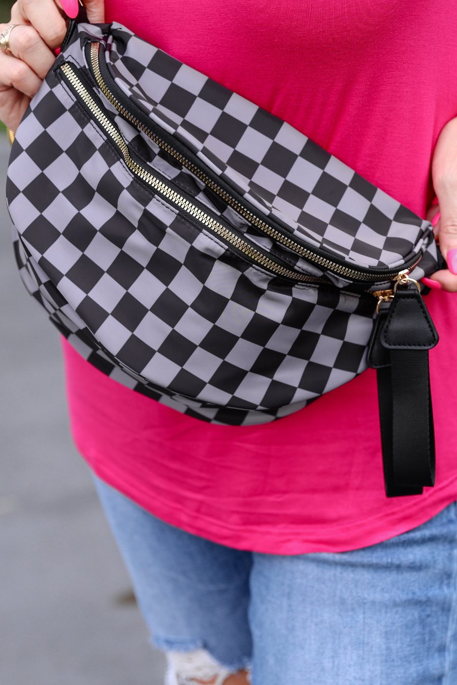 Checkered Double Zip Nylon Bag - Simply Polished Boutique