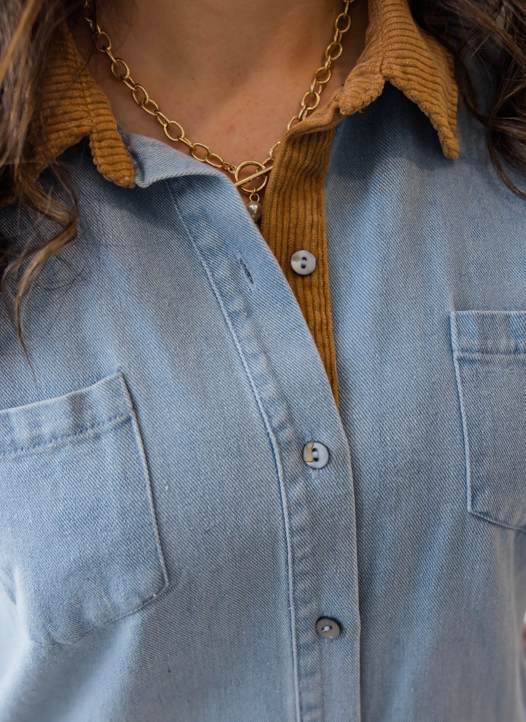 Denim &amp; Gold Shirt Dress - Simply Polished Boutique