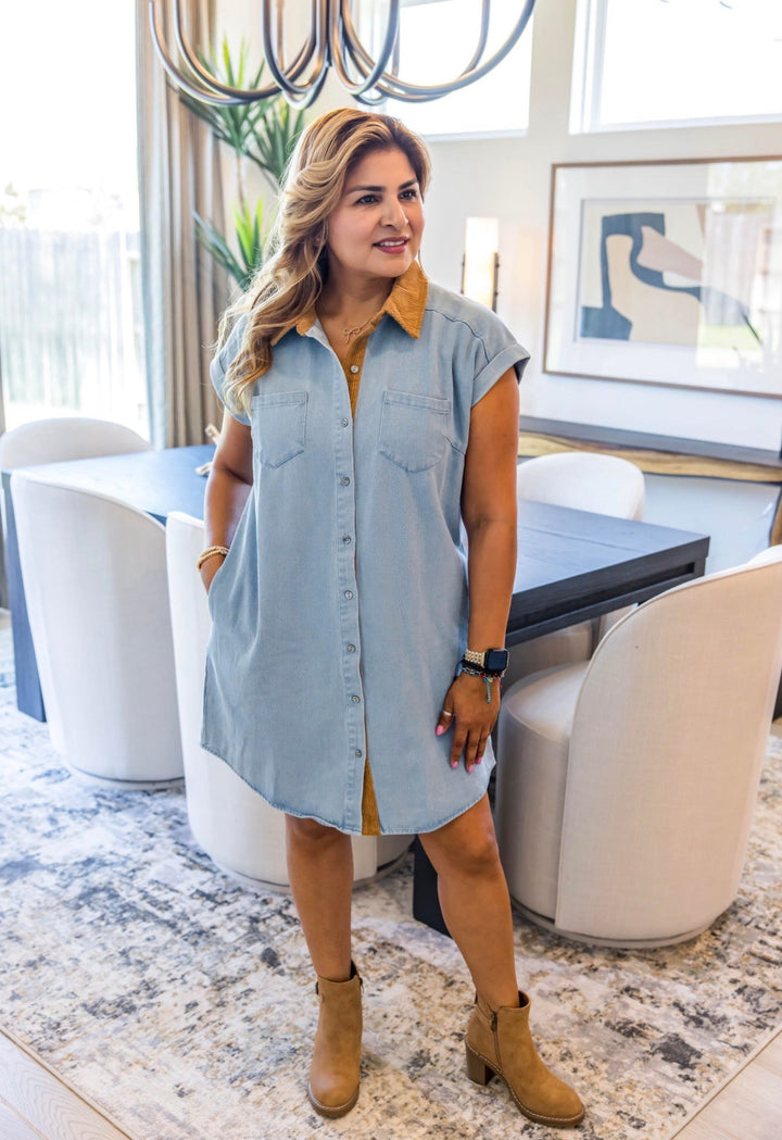 Denim &amp; Gold Shirt Dress - Simply Polished Boutique