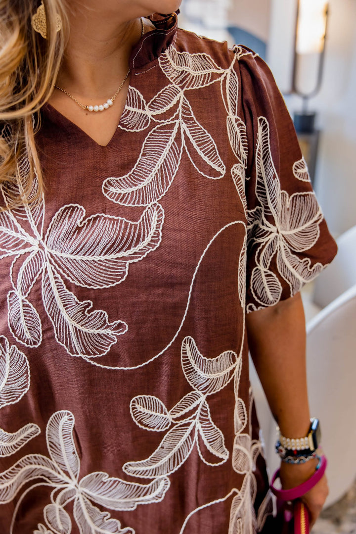 Mocha Garden Embroidered Dress - Simply Polished Boutique