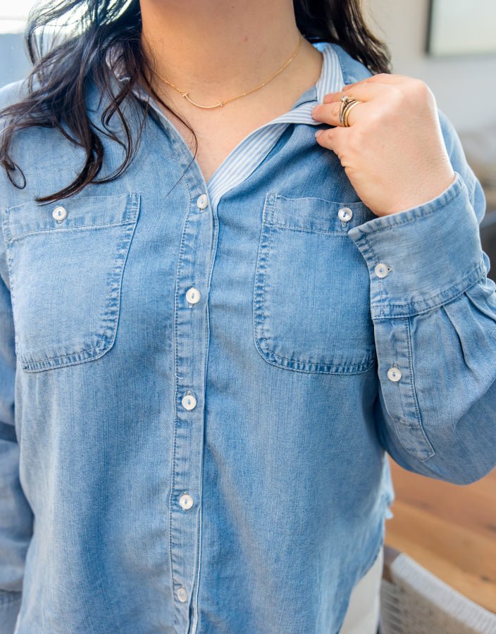 The Monroe Faux Denim Button - Down - Simply Polished Boutique