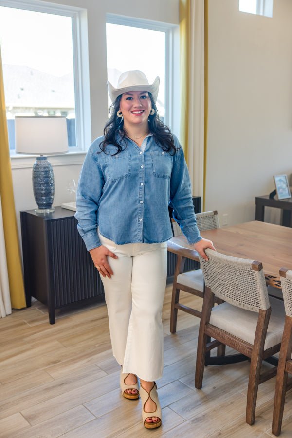 The Monroe Faux Denim Button - Down - Simply Polished Boutique