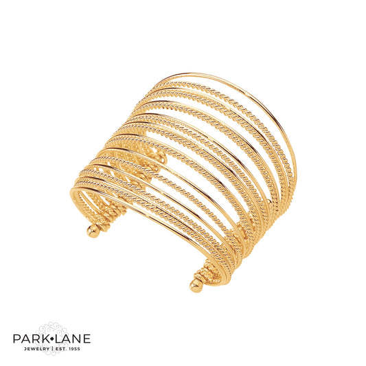 Nineteen flexible coils alternating between cable and smooth texture, create the ultimate spectacular bold cuff. And because Flair bracelet is available in silver and in gold, you will always look armed and fabulous! Available in both gold-tone and silver-tone. •Hypoallergenic •Lead & Nickel free
