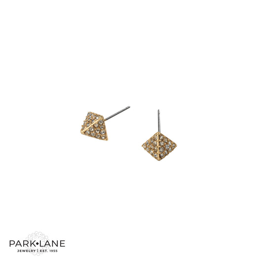 Petite golden pyramids encrusted with mini crystals. •Hypoallergenic •Lead & Nickel free